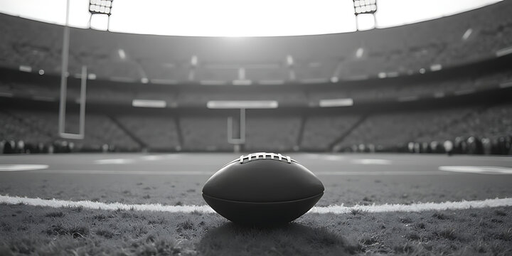 black and white On the 50-Yard Line close up shot of american football and lighting stadium rugby - Powered by Adobe