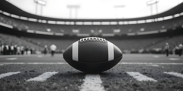 black and white On the 50-Yard Line close up shot of american football and lighting stadium rugby