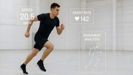 Athlete with Floating Performance Data Overlays in Sports Hall
