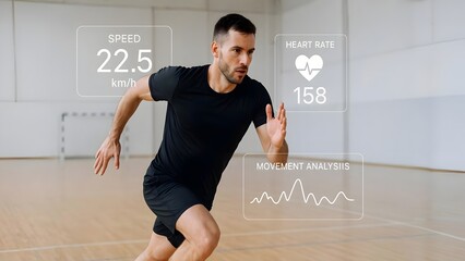 Athlete with Floating Performance Data Overlays in Sports Hall