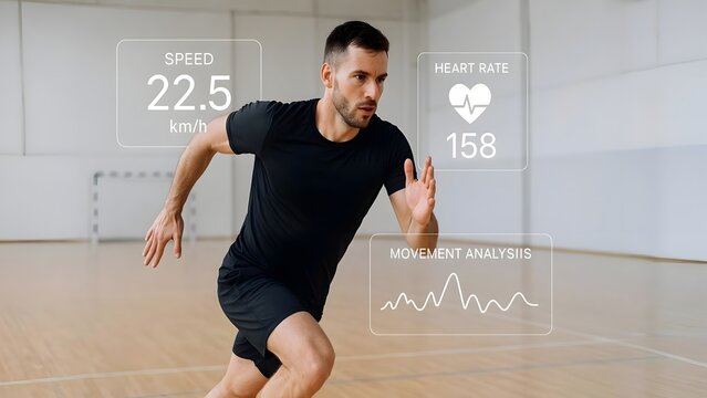 Athlete with Floating Performance Data Overlays in Sports Hall - Powered by Adobe