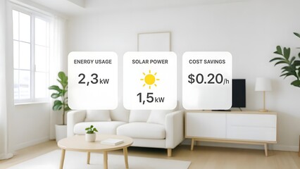 Floating Smart Energy Panels Displaying Usage, Solar Input, and Savings