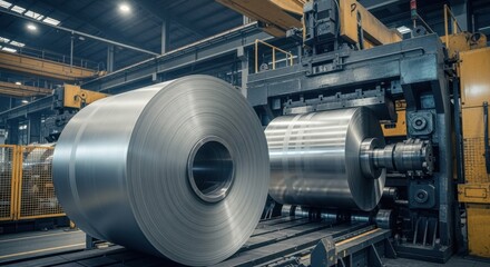 Naklejka premium Industrial machinery processing large steel rolls illustrating metal production and engineering workflows.