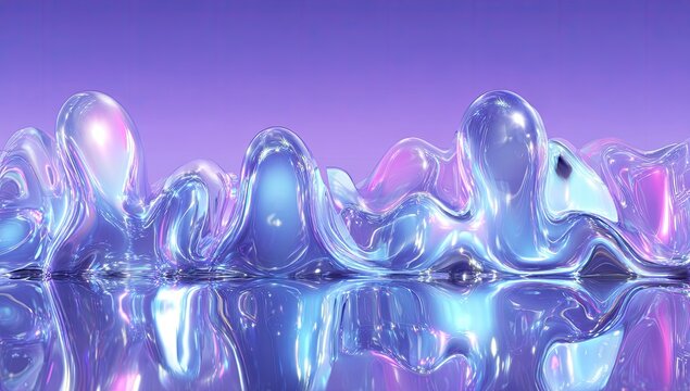 Abstract iridescent liquid drips on a reflective surface