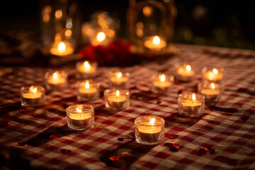 Romantic evening with candlelight decorations on a table adorned with rose petals in a cozy outdoor setting