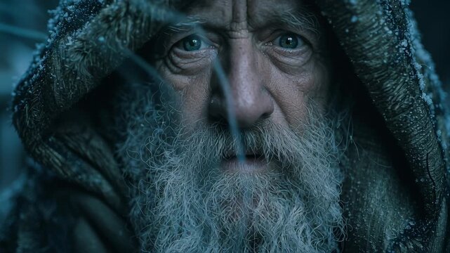 Elderly Man in Hooded Cloak Holding Cup in Cold Weather