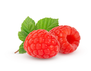 Two red raspberries with green leaf, bunch isolate. Raspberry with leaves isolated on white. Raspberry isolated.