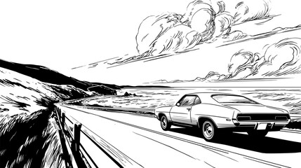 A sleek car travels a winding mountain highway, a fast automobile in a snowy landscape, hand drawn comic style black and white illustration