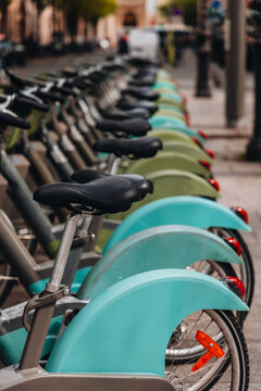 Colorful Parisian Rental Bicycles in Line