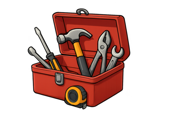 Red toolbox containing hammer, pliers, screwdriver, wrench and measuring tape on transparent background