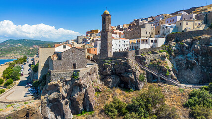 Aerial view of the bell tower of the Castelsardo Cathedral dedicated to Saint Anthony the Great on...