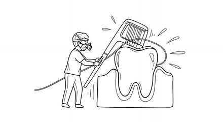 Obraz premium Black And White Line Art Depicting Dentist Cleaning Large Tooth with Oversized Brush Emphasizing Dental Care and Oral Health with Person in Protective Gear Against White Background