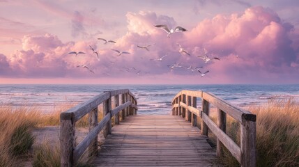 Obraz premium Wooden boardwalk leads to ocean at sunset. Flocks of seagulls soar above. Pastel colors
