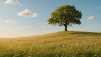 Obraz premium AI generated image of a lone tree on a grassy hill under a blue sky with clouds, peaceful nature landscape in soft sunlight
