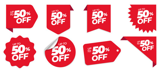 Set of Sticker, promo badge in many shapes. Special offer discount red tags with 50% percent off. Graphic resource templates for apply in your price reduction marketing design.	