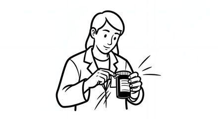 Black and White Line Drawing of Person Opening a Bottle in Lab Coat with White Background