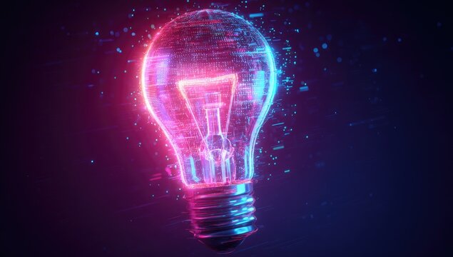 Digital lightbulb glows with vibrant hues