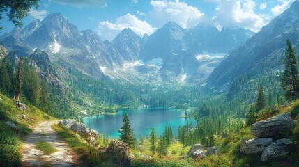 Fototapeta premium Mountain range view with lake surrounded by trees under a blue sky.