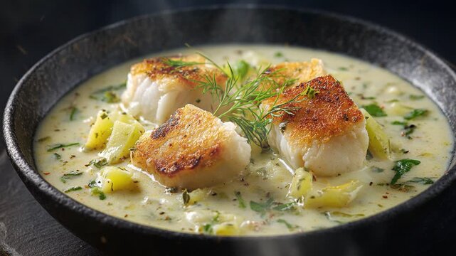 Cullen skink smoked haddock soup scottish food on dark background with smoke