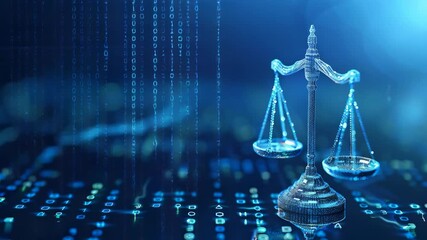 A crystaline scale of justice, with binary code and digital lights, is set in a blue virtual space. This imagery represents the increasingly important role technology plays in legal systems. - Powered by Adobe