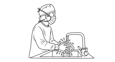 Fototapeta premium Healthcare Professional Washing Hands in Black and White Line Art Featuring Hygiene Practice Medical Procedure And Sanitation