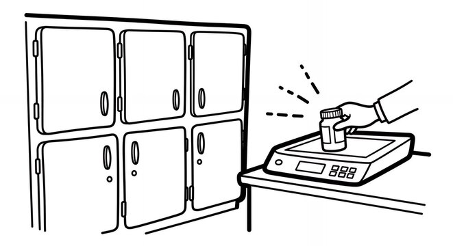 Illustration of Hand Placing Container on Digital Scale Next to Cabinet in Black and White