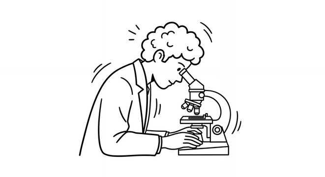 Line Drawing of a Scientist in Lab Coat Using Microscope Against White Backdrop Scientific Observation Illustration Research in Black and White