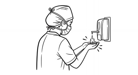 Medical Professional Washing Hands With Dispenser in Black and White Line Art Depicting Hygiene in Healthcare Setting