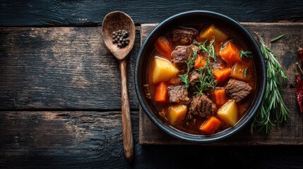 Flavorful bowl of stew with a gleaming spoon ready for tasting served on a charming wood table in natural light