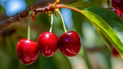 Obraz premium Fresh red cherries on branch