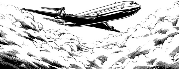 Vector commercial airplane sketch with a cloud background, hand drawn comic style black and white illustration