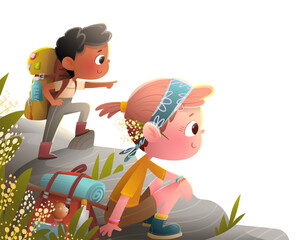 Adventurous boy and girl explorers on top of mountain with a backpacks. Children friends travel and enjoy nature hiking backpacking adventures. Childhood characters cartoon for kids, vector clip art
