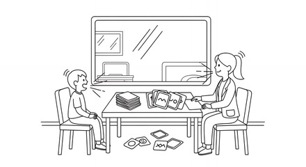 Monochrome Line Art of Two Figures at a Table in Conversation Detailed Linear Drawing on White Background Featuring Minimalist Geometric Shapes and Structures