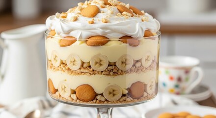 Delicious layered banana pudding dessert in a tall glass