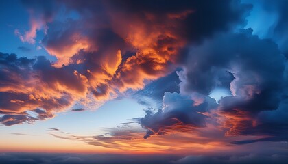 Obraz premium dramatic sky filled with swirling clouds illuminated by orange and blue light creating a dynamic scene