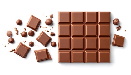 Chocolate bar and pieces on white background