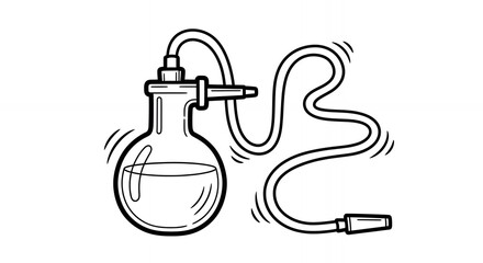 Obraz premium Black and White Illustration of a Glass Flask with Liquid Connected to a Winding Tube on White Background