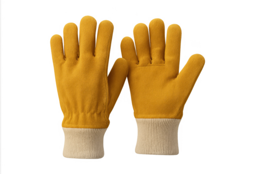 Pair of yellow work gloves with knitted cuffs isolated on transparent background