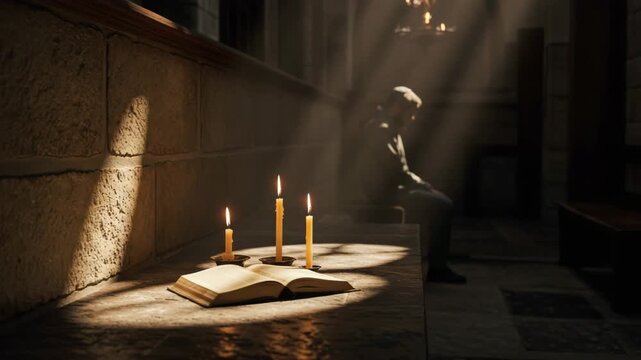Seated Believer with Private Calm at Dusk Engaged in Silent Prayer in Historic Sanctuary