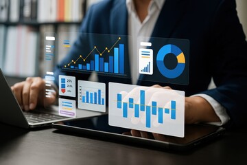Modern digital dashboard with interactive financial graphs and statistical charts on a transparent interface.