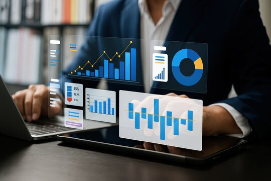 Modern digital dashboard with interactive financial graphs and statistical charts on a transparent interface.
