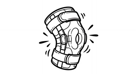 Black and White Knee Brace Line Art Illustration for Support Stability Medical Healthcare and Injury Recovery on White Background Detailed Graphic Design