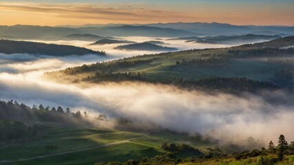 Misty Sunrise Over Rolling Hills and Valleys