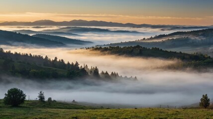 Misty Sunrise Over Rolling Hills and Valleys