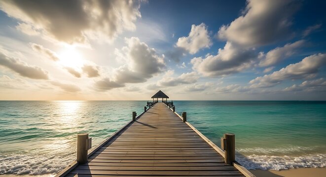 A wooden pier extends into the calm ocean waters during a vibrant sunset, with dramatic clouds filling the sky