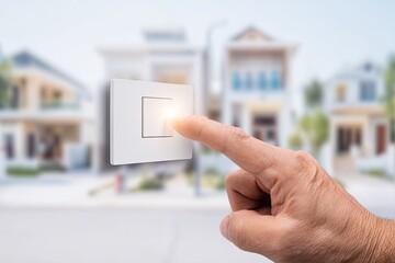 A hand presses a glowing light switch, houses in the background
