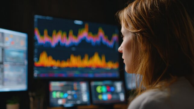 Medium shot capturing a professional analyzing fluctuating viewer sentiment charts on a screen with outoffocus equipment and screens illustrating adaptive commercial syncing.
