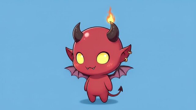 Cute cartoon devil character illustration, standing, fiery hair, red color scheme, against a light blue background, full body shot.
