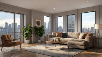 Modern apartment living room with city view