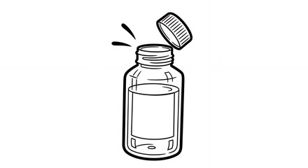 Black and White Line Art of a Clear Glass Bottle with Liquid and Detached Ribbed Cap Floating Above in a Simple Drawing Style